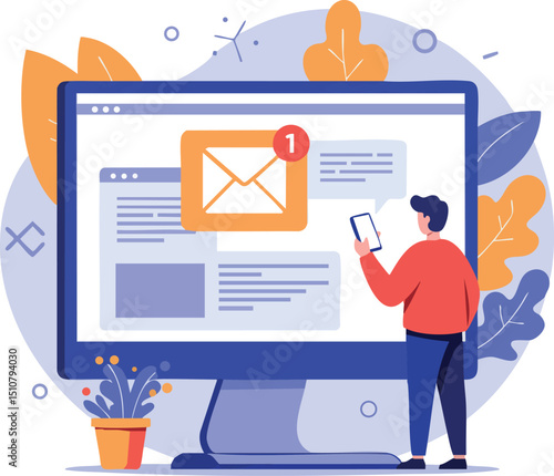 Person checking new email notification on large computer screen vector illustration in red and blue colors 