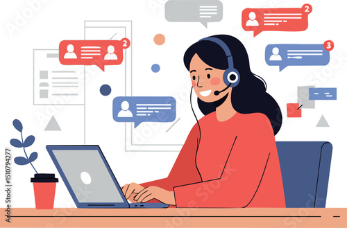 Customer service agent working on laptop with headset and chat notifications vector illustration 