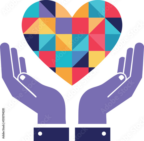 Colorful geometric heart held by purple hands vector illustration for love and care concept 
