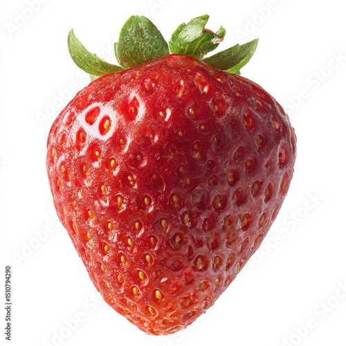 Natural ripe strawberry with seeds and stem, isolated on white.

