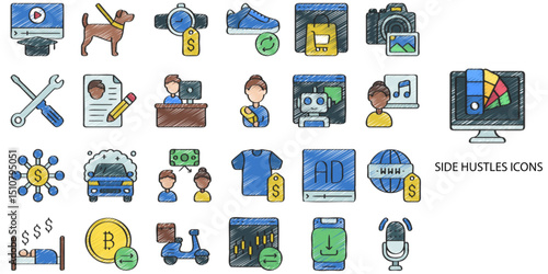 Side Hustles simple concept 24 hand drawn color icons set. Contains such analyst, broadcaster, bundle, business .Vector illustration.