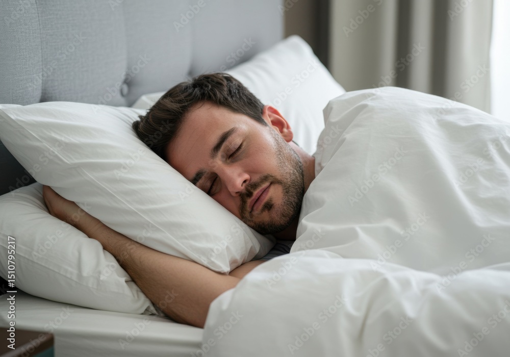 Young man sleeping peacefully in comfortable bed Young man sleeping peacefully in comfortable bed