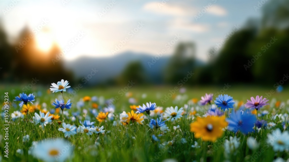 Fototapeta premium A vibrant display of wildflowers fills a lush green meadow, basking in the warm sunlight of a late afternoon. Distant mountains create a picturesque backdrop.