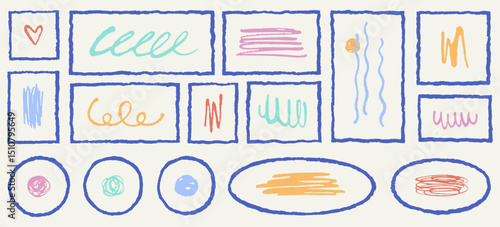 Hand drawn text box frames set, rough jagged edge. Uneven shaky line ink pen rectangles squares circles ovals strokes squiggles round scribbles collection. Retro vintage vector borders templates
