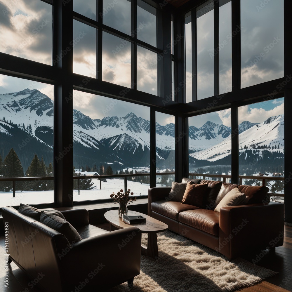 Fototapeta premium Mountain cabin living room with panoramic views