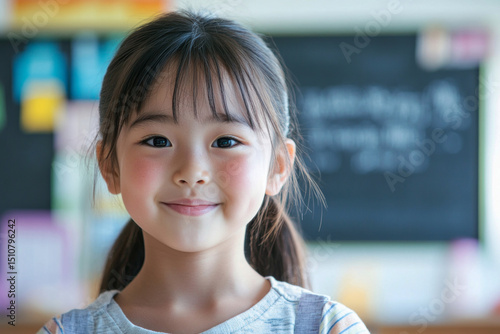 Bright-eyed Asian girl radiates joy while smiling in a vibrant classroom. She interacts with educational tools, showcasing her enthusiasm for learning and creativity
