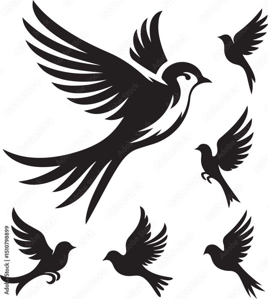 Obraz premium Set of flying bird silhouettes in vector design representing freedom and nature
