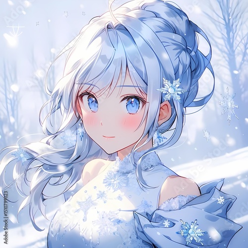 Anime illustration of young girl with blue eyes and hair in winter scene with snowflakes.