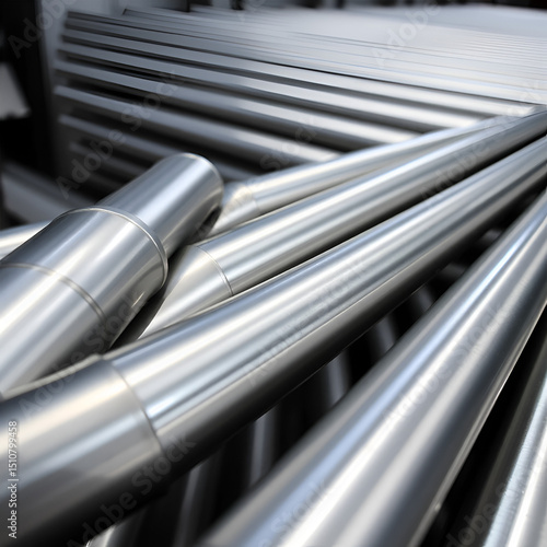 Close-up of silver metal pipes arranged triangularly in the foreground with parallel pipes in the background.