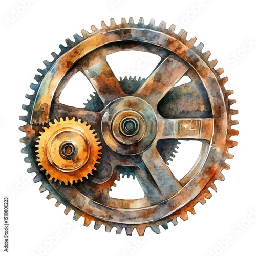 watercolor of Mechanical Gear, vector high quality, isolated on a white background.
