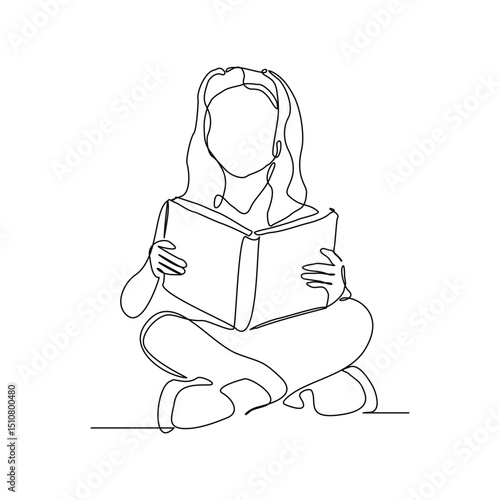 Continuous line drawing child girl sitting and read a book. Single line concept of education. Vector illustration sketch editable stroke
