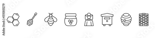 Honey line icons set. Contain honey, bee, hive, spoon, jar and honeycomb. Vector