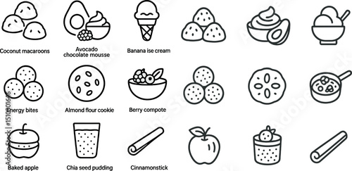 Delicious dessert icons featuring cookies, ice cream, and fruit treats for design projects