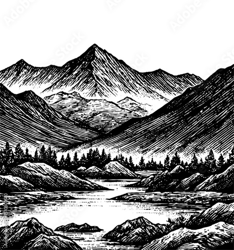 Detailed Mountain Woodcut Landscape in Black and White, Vintage Printmaking