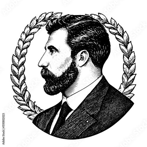 Bearded Man in Profile with Laurel Wreath in Vintage Engraving Style