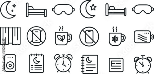 Sleep and relaxation icons for night routine and bedtime design elements