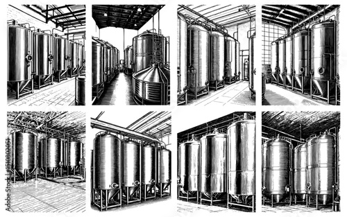 Wood-Engraving Style Set of Brewery Fermentation Tanks in Black and White for Industrial Beer Production Theme
