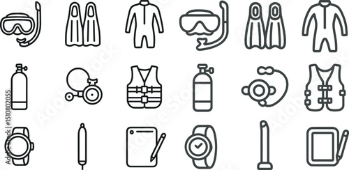 Scuba diving gear icons for water sports and adventure design projects