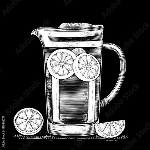 Vintage Woodcut Lemonade Pitcher in Black and White