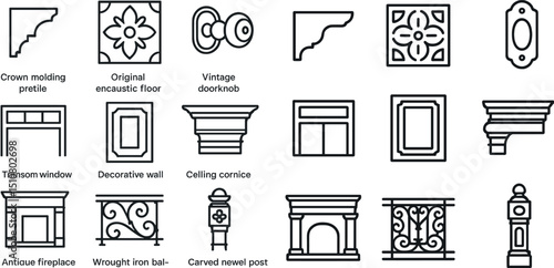 Vintage architectural elements and decorative design icons collection