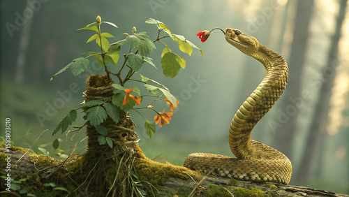 Golden snake-like surreal digital art. Twisted scale structure around plant. Mystical forest fantasy artwork.