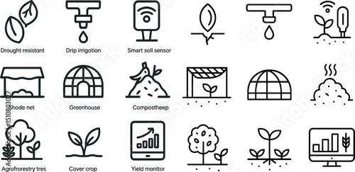 Sustainable agriculture icons: soil sensors, irrigation, and greenhouse systems