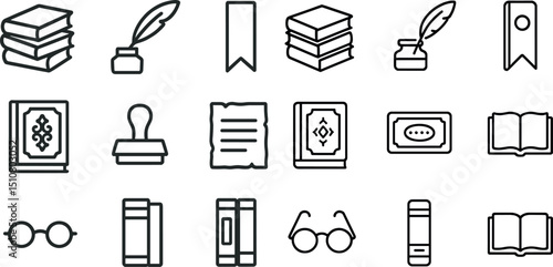 Literary icon set with books, quills, glasses, and document symbols