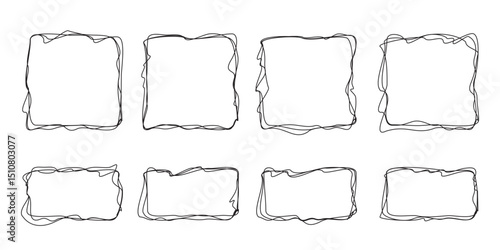 Set of rounded square shapes with scrawl loops and scribbles on white bg. Carelessly hand colored rectangles. Handwritten elements. Outline graphic signs. Vector illustration