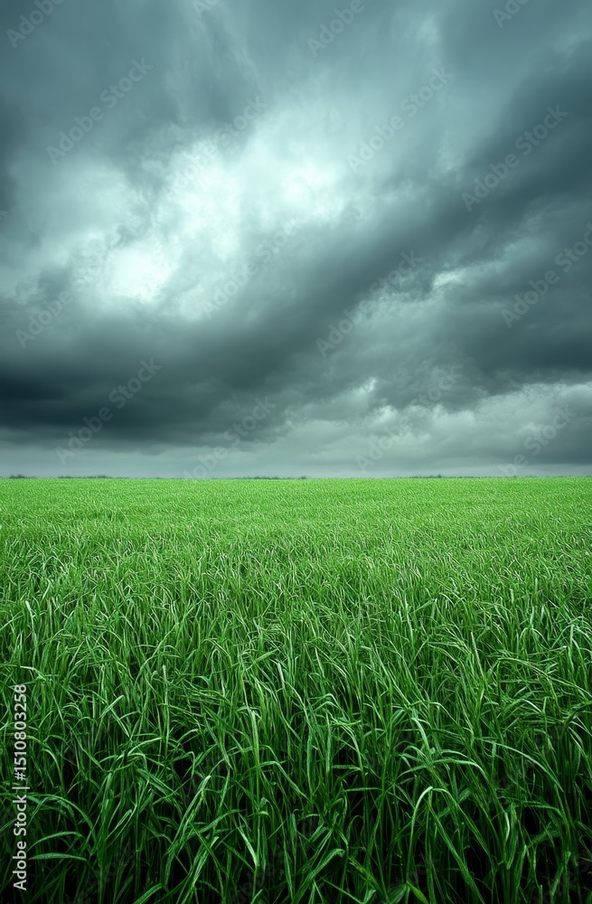 The green field lies beneath a somber sky of storm clouds and summer rain The green field lies beneath a somber sky of storm clouds and summer rain