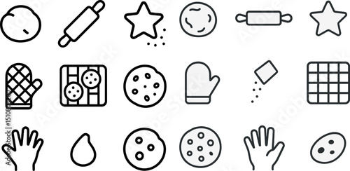 Baking icons collection: cookies, rolling pin, oven mitt for kitchen and recipe design