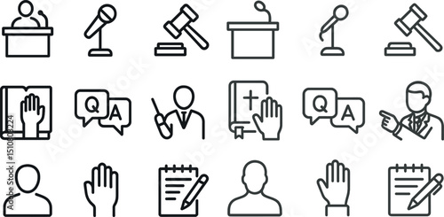 Legal and public speaking icons for communication and justice themes