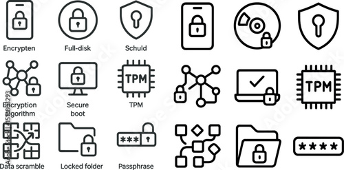 Cybersecurity icons on encryption, data protection, and secure computing