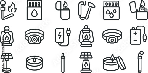 Collection of linear fire and lighting icons for design projects