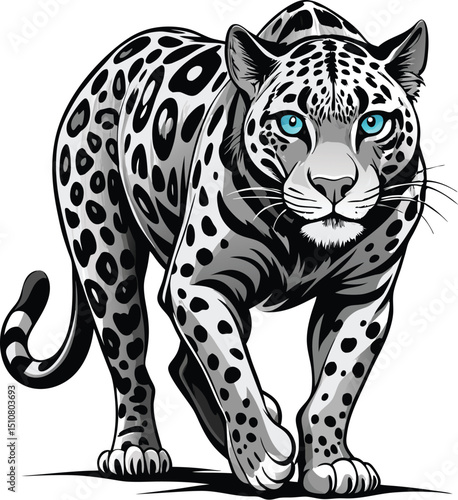 Stealthy Leopard Walk – Black and White Full-Body Digital Art with Hyper-Realistic Detail and Cinematic Lighting