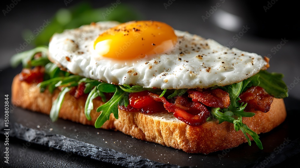 A close-up of a fried egg sandwich with crispy bacon and arugula, placed on a sleek black slate plate A close-up of a fried egg sandwich with crispy bacon and arugula, placed on a sleek black slate plate