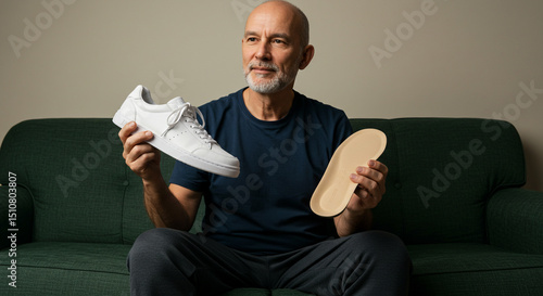 A man sitting on a couch holding a white sneaker and an insole looking thoughtfully to the side