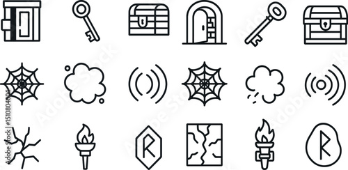Magical icons set with keys, treasure chests, doors, and runes for fantasy design