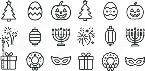 Holiday icons set featuring christmas, halloween, and hanukkah elements