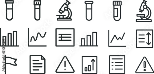 Laboratory equipment and data analysis icons for scientific and educational design