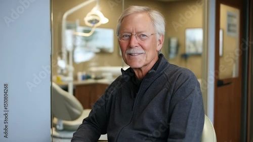 Smiling older man with glasses in dental office. Patient at dental clinic with white hair and mustache wearing a gray sweater.