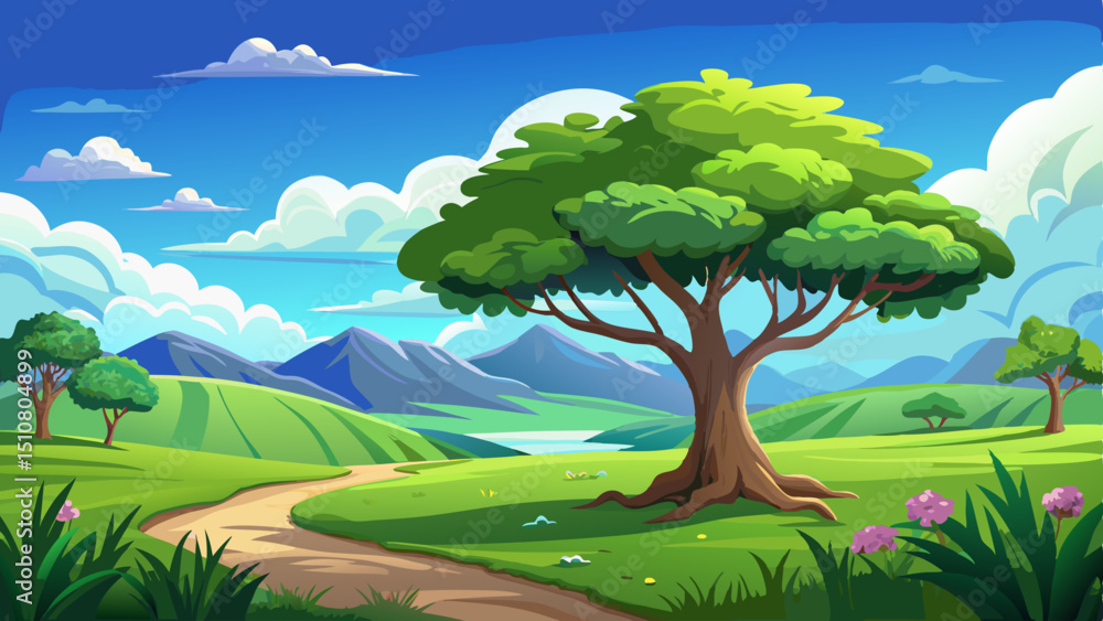 Obraz premium Serene Landscape with Lush Green Tree and Puffy Clouds very beautiful