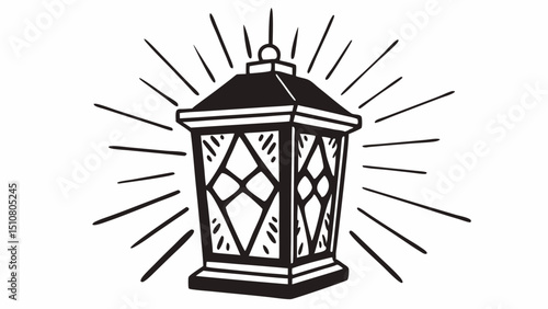 Illustration of a vintage style lantern with geometric design and light rays emanating outward created with generated ai