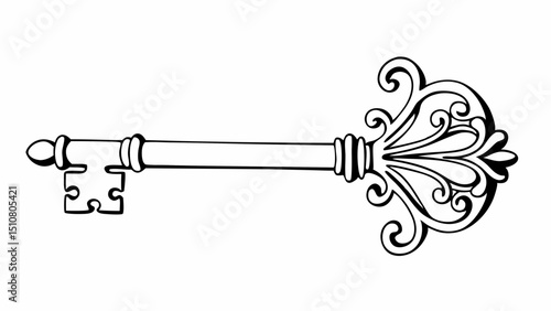 Illustration of an ornate vintage key with intricate details and a decorative handle design element created with generated ai
