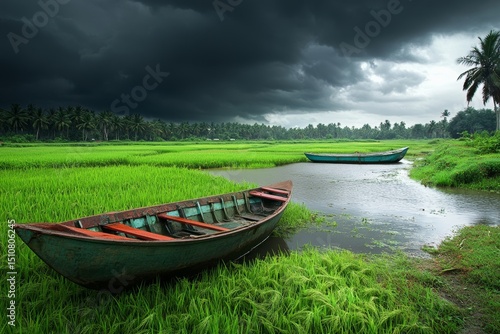 In Kerala, India, the monsoon season brings heavy rain, flooding paddy fields where wooden boats are found, and this setting makes for beautiful landscape photography under dark, cloudy skies