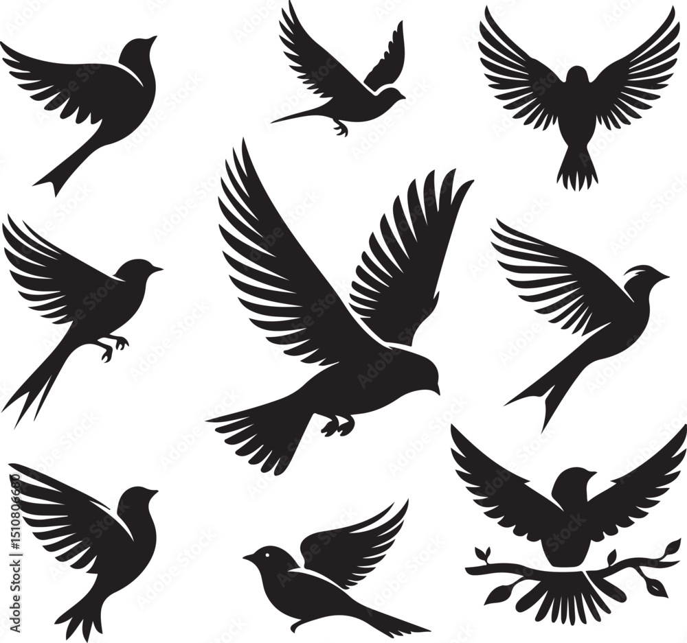 Obraz premium Set of flying bird silhouettes in vector design representing freedom and nature