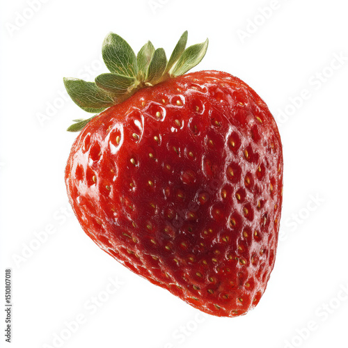 Glossy red strawberry with textured skin and green top, isolated on white.