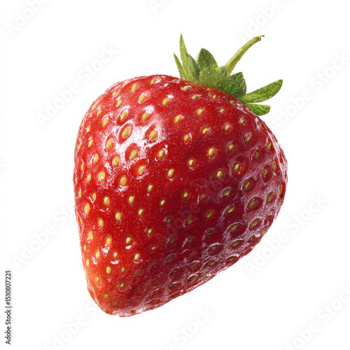 Natural ripe strawberry with visible seeds and leaves, isolated on white background.