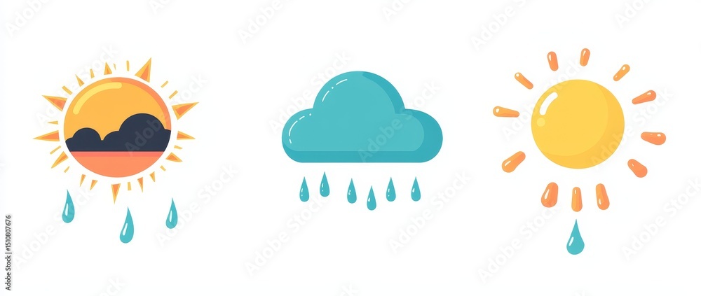 The illustration is a modern representation of a set consisting of sun, clouds, rain, and other sky phenomena, all set against a white backdrop The illustration is a modern representation of a set consisting of sun, clouds, rain, and other sky phenomena, all set against a white backdrop