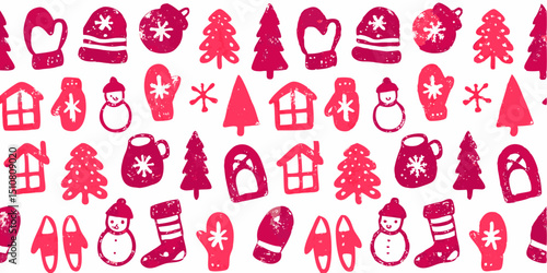 A seamless collage of Winter Wonderland Theme doodles in pink crayon color
