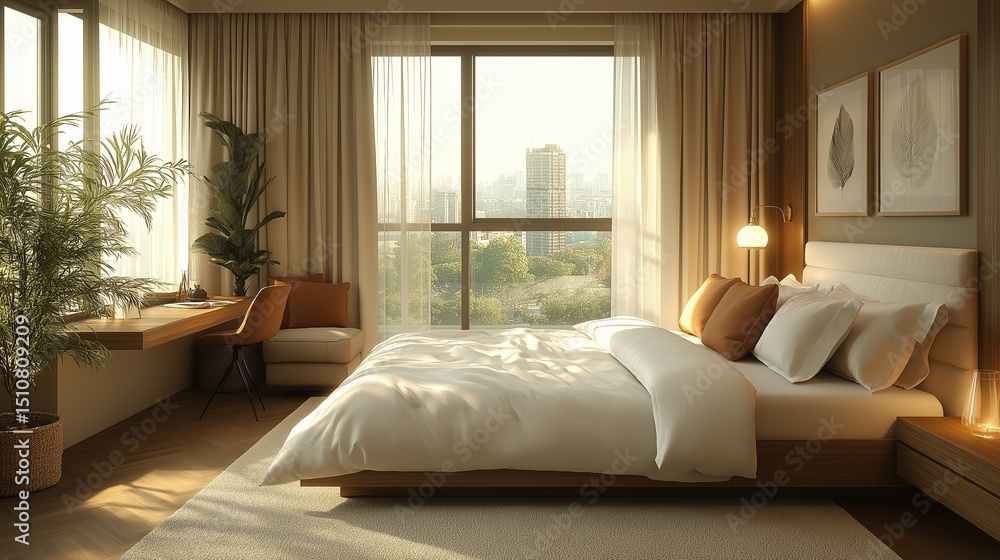 Fototapeta premium Modern hotel bedroom with pastel accents, crisp white bedding, large windows with sheer curtains, a small desk, a warm and bright atmosphere